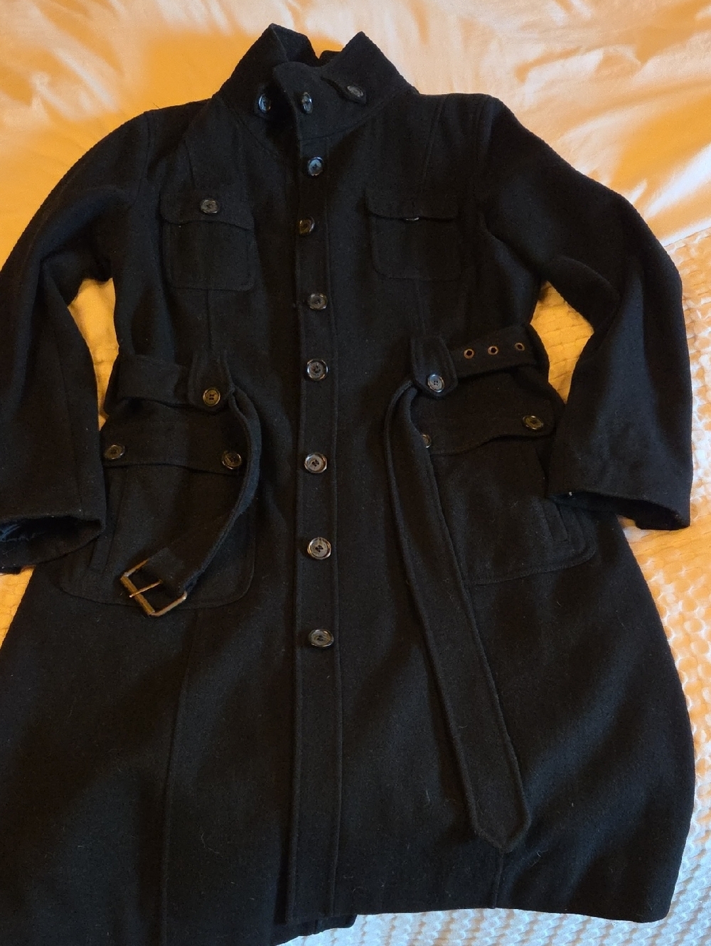 Spirit Black Front Button Belted Wool Coat Lg